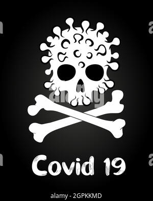 Coronavirus-Virus-Infektion Piratenzeichen. COVID-19 - Virus - menschliche weiße Schädel und Knochen Skizze. Zeichen-Symbol. Isolierte Vektorgrafik mit schwarzem Hintergrund. Stock Vektor