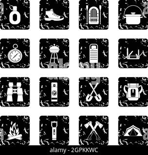 Camping Icons Set, Grunge-Stil Stock Vektor