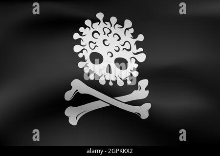 Coronavirus-Infektion winkende Piratenflagge. COVID-19 - Virus - menschliche weiße Schädel und Knochen Skizze auf Textil Flagge Hintergrund. Symbol für Biogefährdung unterschreiben. Isolierte Vektorgrafik mit schwarzem Hintergrund. Stock Vektor