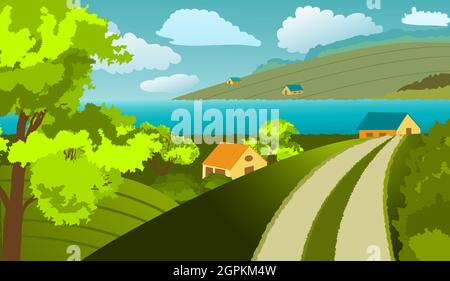 Ländliche Landschaft. Häuser, Bäume, Fluss, Felder, Wolken. Im Vordergrund sieht man die Straße, die zum Haus führt. Doodle-Stil. Vektorgrafik Stock Vektor