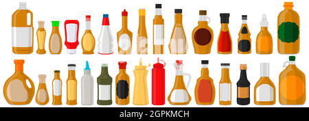 Illustration zum Thema große Kit abwechslungsreiche Glasflaschen gefüllt dicken Sauce Senf Stock Vektor