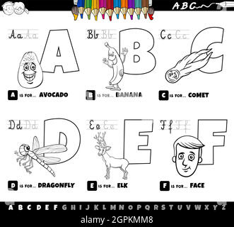 Pädagogische Karikatur Alphabet Buchstaben von A bis F Farbe Buchseite gesetzt Stock Vektor
