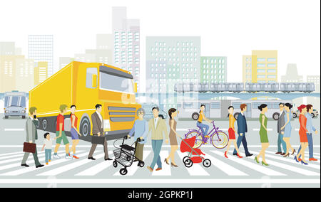 Stadt mit Straßenverkehr, Häusern und Fußgängern am Zebrastreifen Stock Vektor