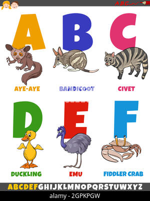 Pädagogische Cartoon-Alphabet-Sammlung mit Comic-Tieren Stock Vektor