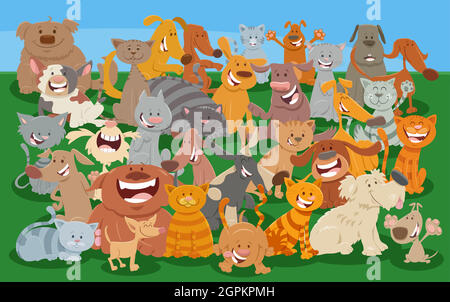 Cartoon Katzen und Hunde Comic Tier Figuren Gruppe Stock Vektor