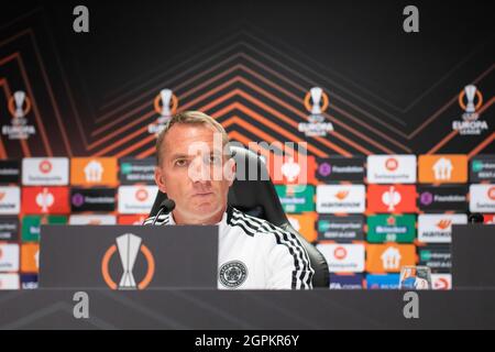 Warschau, Polen. September 2021. Brendan Rodgers Trainer des FC Leicester City gesehen auf einer Pressekonferenz vor dem UEFA Europa League Group Bühnenspiel zwischen Legia Warszawa und Leicester City FC im Marshal Jozef Pilsudski Legia Warsaw Municipal Stadium. Kredit: SOPA Images Limited/Alamy Live Nachrichten Stockfoto