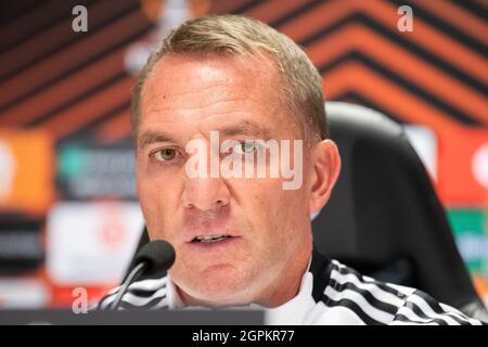 Warschau, Polen. September 2021. Brendan Rodgers Trainer des FC Leicester City gesehen auf einer Pressekonferenz vor dem UEFA Europa League Group Bühnenspiel zwischen Legia Warszawa und Leicester City FC im Marshal Jozef Pilsudski Legia Warsaw Municipal Stadium. Kredit: SOPA Images Limited/Alamy Live Nachrichten Stockfoto