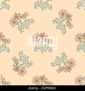 Hand gezeichnet Gravur Kamille Blumen, floral Blüte nahtlose Muster abstrakt Hintergrund Tapete Vektor. Line Art botanische Illustration für Grafikdesign, Druck. Trendige Natur Pastellfarben Stock Vektor