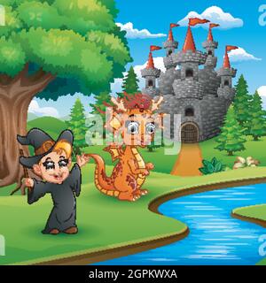 Cartoon von kleiner Hexe und Drache im Park Stock Vektor