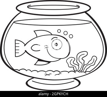 Schwarz-weiße Abbildung eines Fisches in einer Fischschale. Stock Vektor