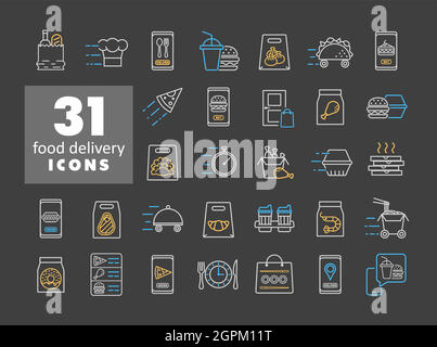 Vektor-Flat-Symbole für die schnelle Lieferung von Lebensmitteln gesetzt Stock Vektor