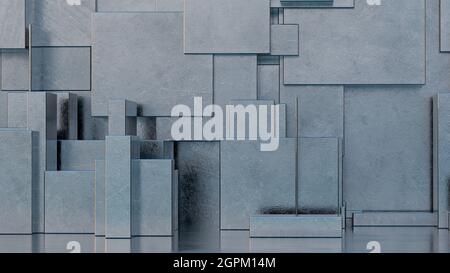 Abstrakter leerer Hintergrund von Silbermetallwürfeln Stockfoto