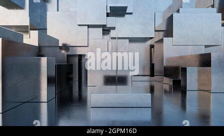 Abstrakter leerer Hintergrund von Silbermetallwürfeln Stockfoto