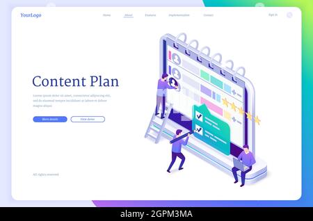 Inhaltsplan isometrische Landing Page. Arbeitsorganisation in sozialen Medien, Publikationsmanagement-Konzept. Kleine Leute, die um riesigen Computerbildschirm mit Kalender und Profilen arbeiten, 3D Vector Webbanner Stock Vektor