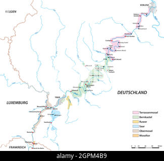 Vektorkarte der Weinanbaugebiete an der Mosel, Deutschland Stock Vektor