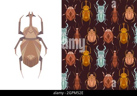 Set aus Karte und nahtlosem Muster mit geometrischen Insekten auf braunem Hintergrund. Vektor stilvolle Textur und Poster mit Hirschkäfer, Käfer, fliegende Ameise, Junge Stock Vektor