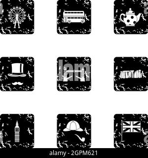 United Kingdom Icons Set, Grunge Style Stock Vektor