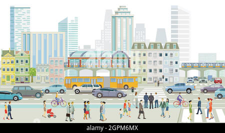 Stadt Silhouette mit Straßenverkehr und erhöhten Zug, Menschen auf dem Bürgersteig Stock Vektor