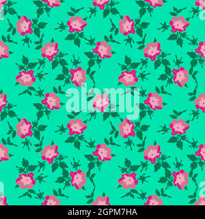 Zeichnung Zweige mit Blumen Rosen, Blüte in rosa Farben.Floral nahtlose Muster, Natur abstrakt Hintergrund Vektor.Line Art botanische Illustration Grafik Design drucken. Trendige grüne helle Tapete Stock Vektor