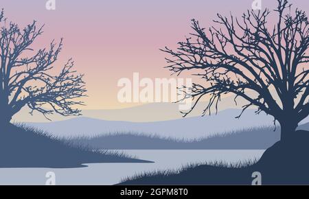 Fantastische Aussicht auf die Berge vom Flussufer am Nachmittag mit der Silhouette von trockenen Bäumen, die ästhetisch ansprechend sind. Vektorgrafik Stock Vektor
