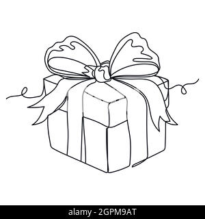 Kontinuierliche eine Linie von Geschenk-Box geschlossen und dekoriert Box in Silhouette. Minimalistischer Style. Perfekt für Karten, Partyeinladungen, Poster, Aufkleber, Kleidung. Geschenkschachtel zum Geburtstag oder zu Weihnachten Stock Vektor