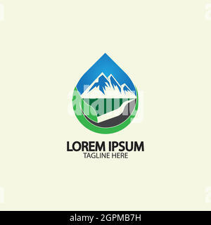 Wassertropfen mit Bergfluss Symbol Logo Vektor Illustration für Abbildung der Aktien des Wassergeschäfts Stock Vektor