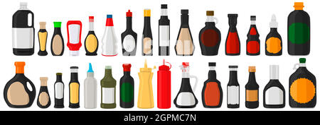 Illustration zum Thema große Kit abwechslungsreiche Glasflaschen gefüllt flüssige Sojasauce Stock Vektor