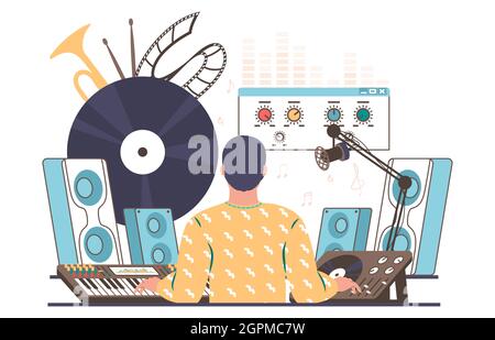 Sound-Designer, Ingenieur Erstellen, Mischen, Aufnahme von Musik, flache Vektor-Illustration. Solide Produktionsanlagen. Stock Vektor