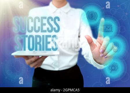 Erfolgsgeschichten zur Konzeptunterschrift. Geschäftsidee Leben der Regel Modelle von, wie er begann zu seinem Tod Lady in Uniform Holding Phone Virtual Press Stockfoto