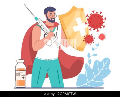 Arzt-Superheld mit Impfstoffinjektion und Schild zum Schutz vor Coronavirus, flache Vektorgrafik. Impfung. Stock Vektor
