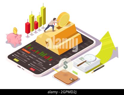 Geschäftsmann investiert Geld an der Börse, Bankeinlagen, Goldbarren aus dem Mobiltelefon, Vektor isometrische Illustration. Stock Vektor