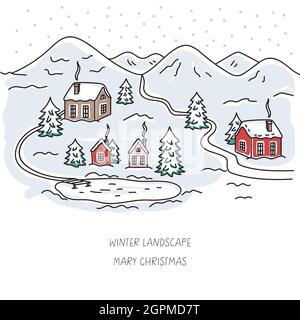 Winterlandschaft mit Häusern, Tannen, See und Bergen.farbige Vektorgrafik isoliert auf weißem Hintergrund.Weihnachtshäuser. Stock Vektor