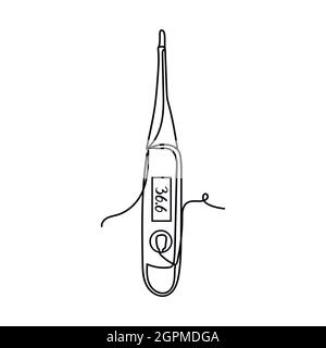 Durchgehende Linie eines elektronischen medizinischen Thermometers in Silhouette. Minimalistischer Style. Perfekt für Karten, Partyeinladungen, Poster, Aufkleber, Kleidung. Schwarzes abstraktes Symbol. Stock Vektor