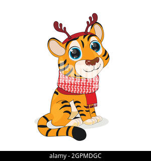 Niedliche Cartoon Tiger in Winterkleidung Vektor-Illustration. Perfekt für Karten, Partyeinladungen, Poster, Aufkleber, Kleidung. Weihnachtskonzept Stock Vektor