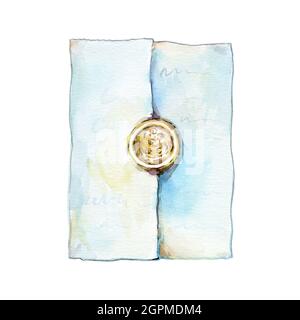 Aquarell realistischer goldener Wachsstempel und alter Buchstabe isoliert auf weißem Hintergrund. Stockfoto