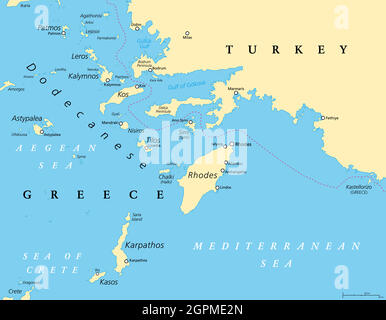 Dodekanes, griechische Inselgruppe, politische Karte Stock Vektor
