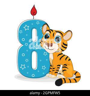 Niedliche Cartoon Tiger mit Zahl acht Vektor-Illustration. Perfekt für Karten, Partyeinladungen, Poster, Aufkleber, Kleidung. Geburtstagskonzept Stock Vektor