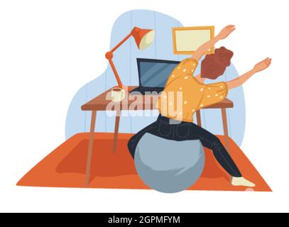 Frau, die sich am Laptop ausdehnt, arbeitet oder entspannt Stock Vektor