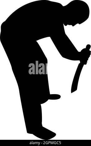 Silhouette Mann mit Schwert Machete kalte Waffen in der Hand Militär Mann Soldat Mann in Positionen Jäger mit Messer Kampf Posen starke Verteidiger Krieger Konzept Waffen stehen schwarz Farbe Vektor Illustration flachen Stil Bild Stock Vektor