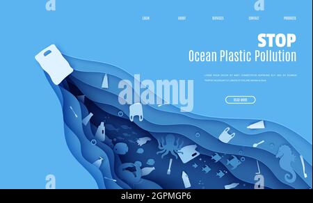 Webseite stoppen Ozean Kunststoff Verschmutzung Banner Design-Vorlage in Papier geschnitten Stil. Eine Plastiktüte schwimmt im Meer, Müll im Wasser. Meeresbodenriff Stock Vektor