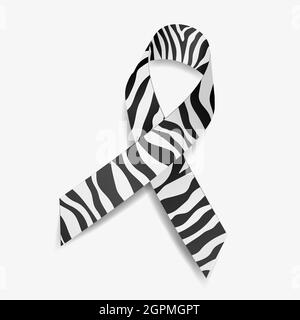 Zebra Ribbon Awareness Karzinoid Cancer, Ehlers-Danlos-Syndrom, Seltene Krankheiten und Störungen. Isoliert auf weißem Hintergrund. Vektorgrafik. Stock Vektor