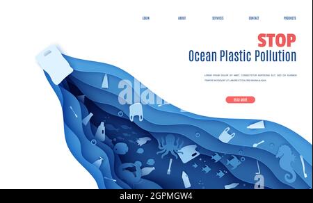 Webseite stoppen Ozean Kunststoff Verschmutzung Banner Design-Vorlage in Papier geschnitten Stil. Eine Plastiktüte schwimmt im Meer, Müll im Wasser. Meeresbodenriff Stock Vektor