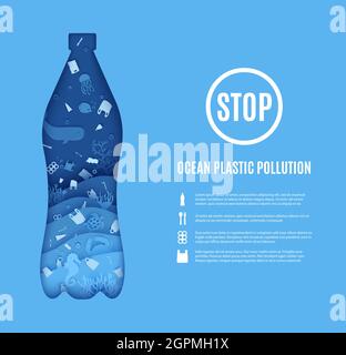 Stop Meer Kunststoff Verschmutzung Banner Design-Vorlage in Papier geschnitten Stil. Papiergeschnittener 3d-Hintergrund. Flasche geschnitten Silhouette in dem Meer Bewohner Stock Vektor