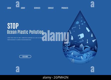 Webseite stoppen Ozean Kunststoff Verschmutzung Banner Design-Vorlage in Papier geschnitten Stil. Unterwasseransicht durch die Silhouette des Wassertropfens. Weltwassertag Stock Vektor