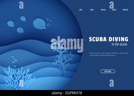 Webseite Design Vorlage in Papier Schnitt Stil Unterwasser Ozean Unterwasseransicht durch Höhle Bullauge. Korallenriff Meeresboden Fische in Algenwellen. Vektor Stock Vektor