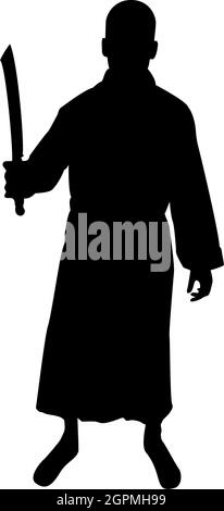 Silhouette Mann mit Schwert Machete kalte Waffen in der Hand Militär Mann Soldat Mann in Positionen Jäger mit Messer Kampf Posen starke Verteidiger Krieger Konzept Waffen stehen schwarz Farbe Vektor Illustration flachen Stil Bild Stock Vektor