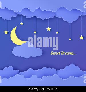 Nachthimmel in Papierform. 3d-Hintergrund mit dunkel bewölkten Landschaft mit Sternen und Mond-Papercut-Kunst. Girlande mit Sternen. Niedliche Pappe Origami Stock Vektor