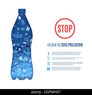 Stop Meer Kunststoff Verschmutzung Banner Design-Vorlage in Papier geschnitten Stil. Papiergeschnittener 3d-Hintergrund. Flasche geschnitten Silhouette in dem Meer Bewohner Stock Vektor
