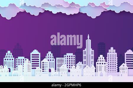 Night City-Landschaft im Papierschnitt-Stil. Violett und blau gradient Papier geschnitten Büro Wohngebäude und Abend wolkigen Himmel für Stadt Ökologie Stock Vektor
