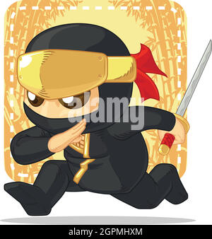 Cartoon Ninja Holding Japanische Schwert Illustration Maskottchen Zeichnung Stock Vektor